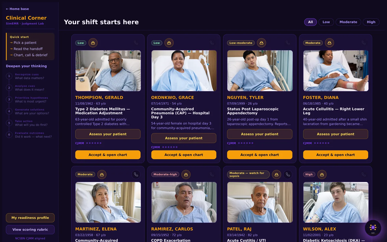 Clinical Corner — a board of simulated patients with acuity levels, handoffs, and charts to open