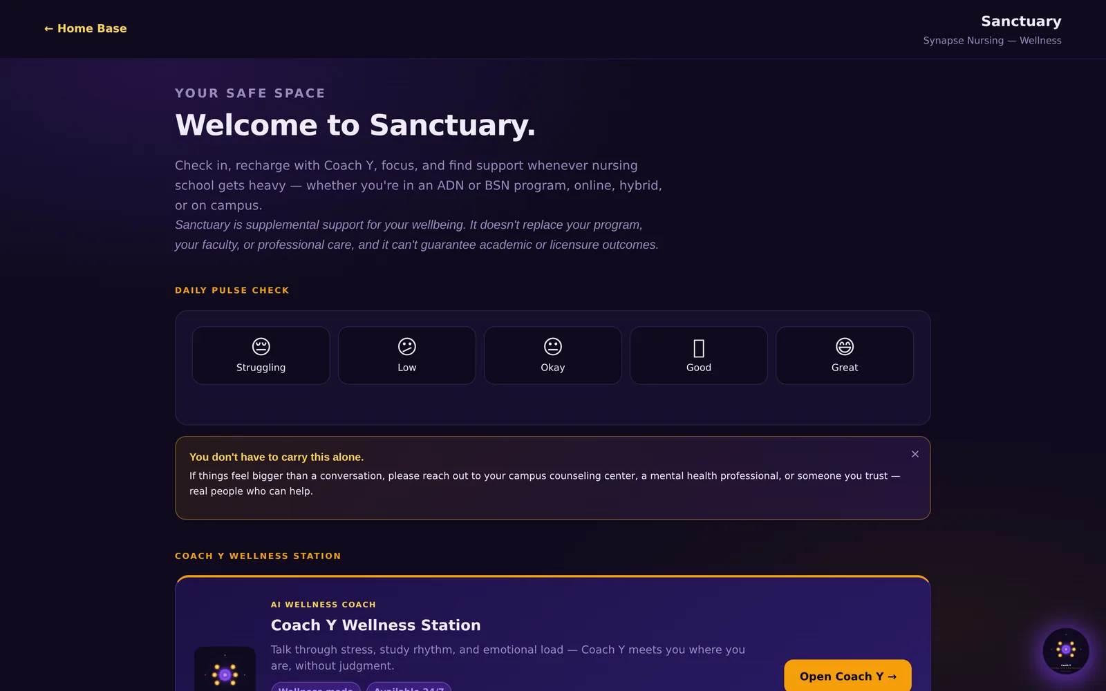 Sanctuary — wellness space with a daily pulse check and the Coach Y wellness station